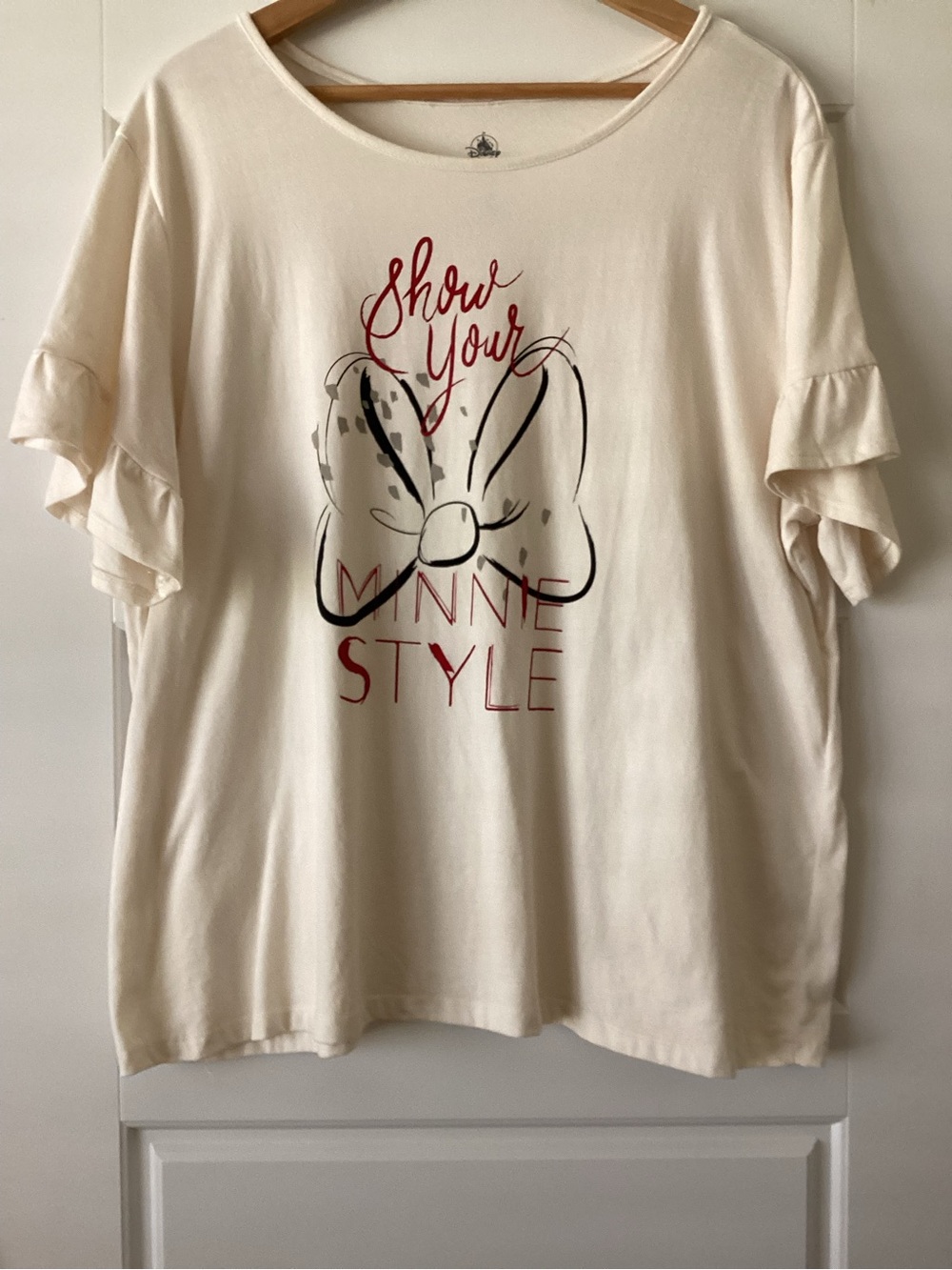 Disney Cream Ruffle Sleeve Tee with Minnie Bow Graphic